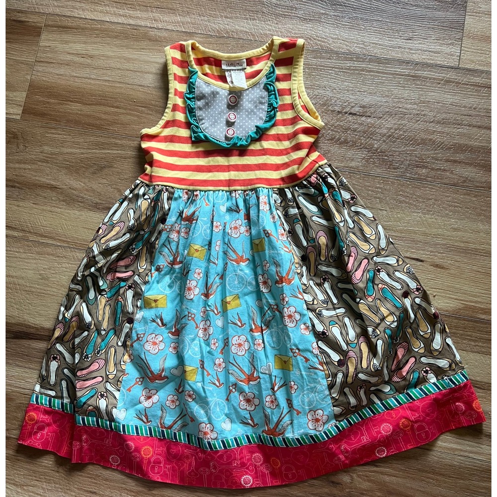 Matilda Jane Ode to Shoes Dress Girls 6 Print Striped Bird‎ Ruffle 01662 Summer